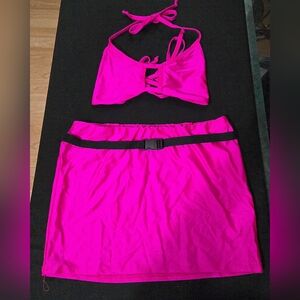 Dolls Kill Club Wear Hot Pink Mini Skirt with Black Belt & Top